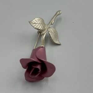✨Avon Matte Pink Rose Brooch Pin Vintage Sign NR Long Stem Flower Floral Silver